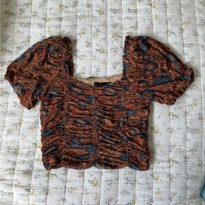 House of Harlow Floral Ruched Puff-Sleeve Crop Top